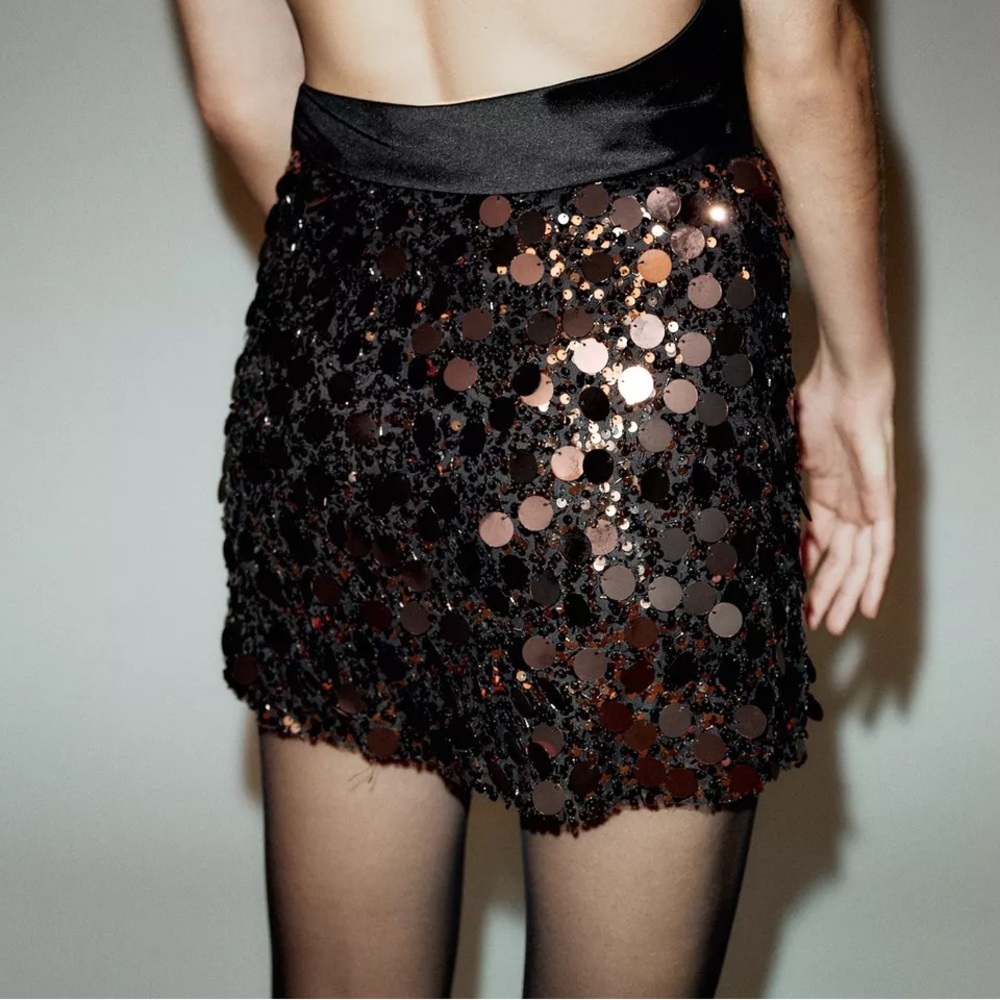 Zara Brown & Black Sequin Beaded Mini Skirt XS NWT Festival Concert Party Glam - Picture 2 of 13